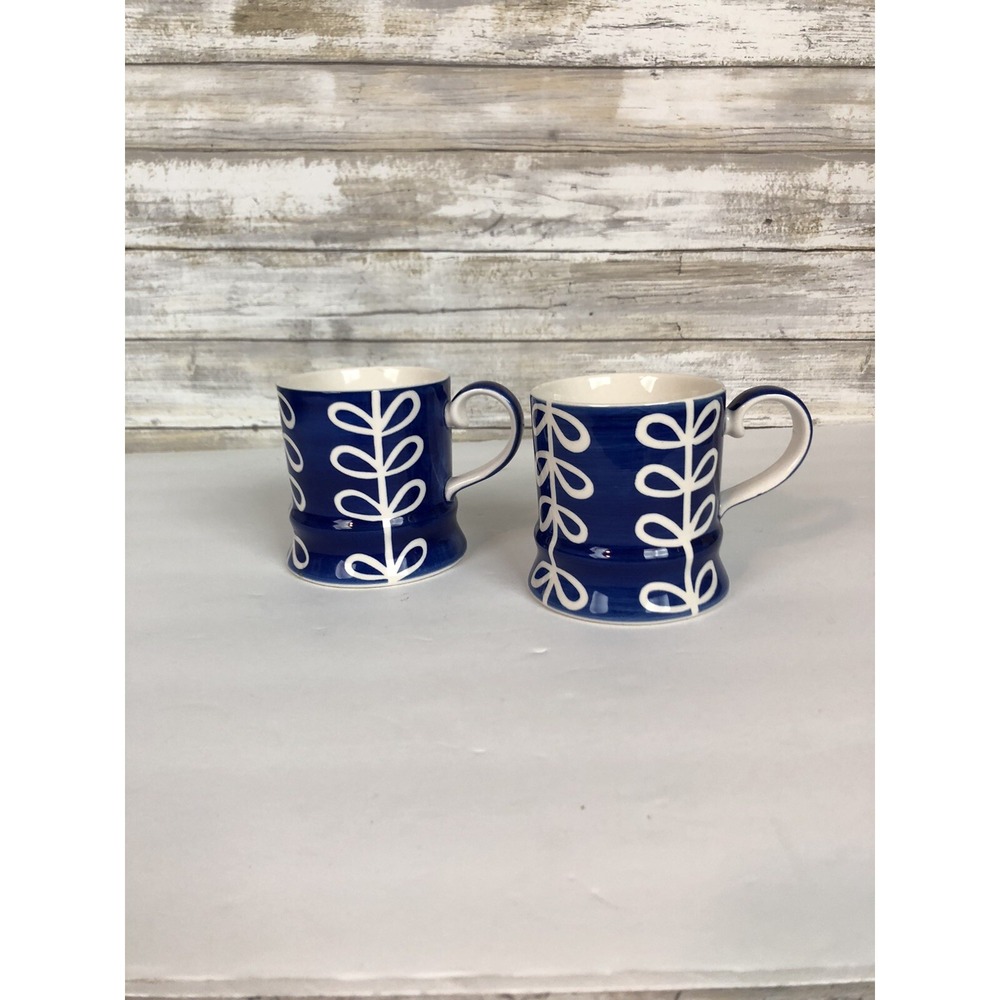 WHITTARD OF CHELSEA Cups Mugs Hand Painted Blue And white Leaf Set Of 2